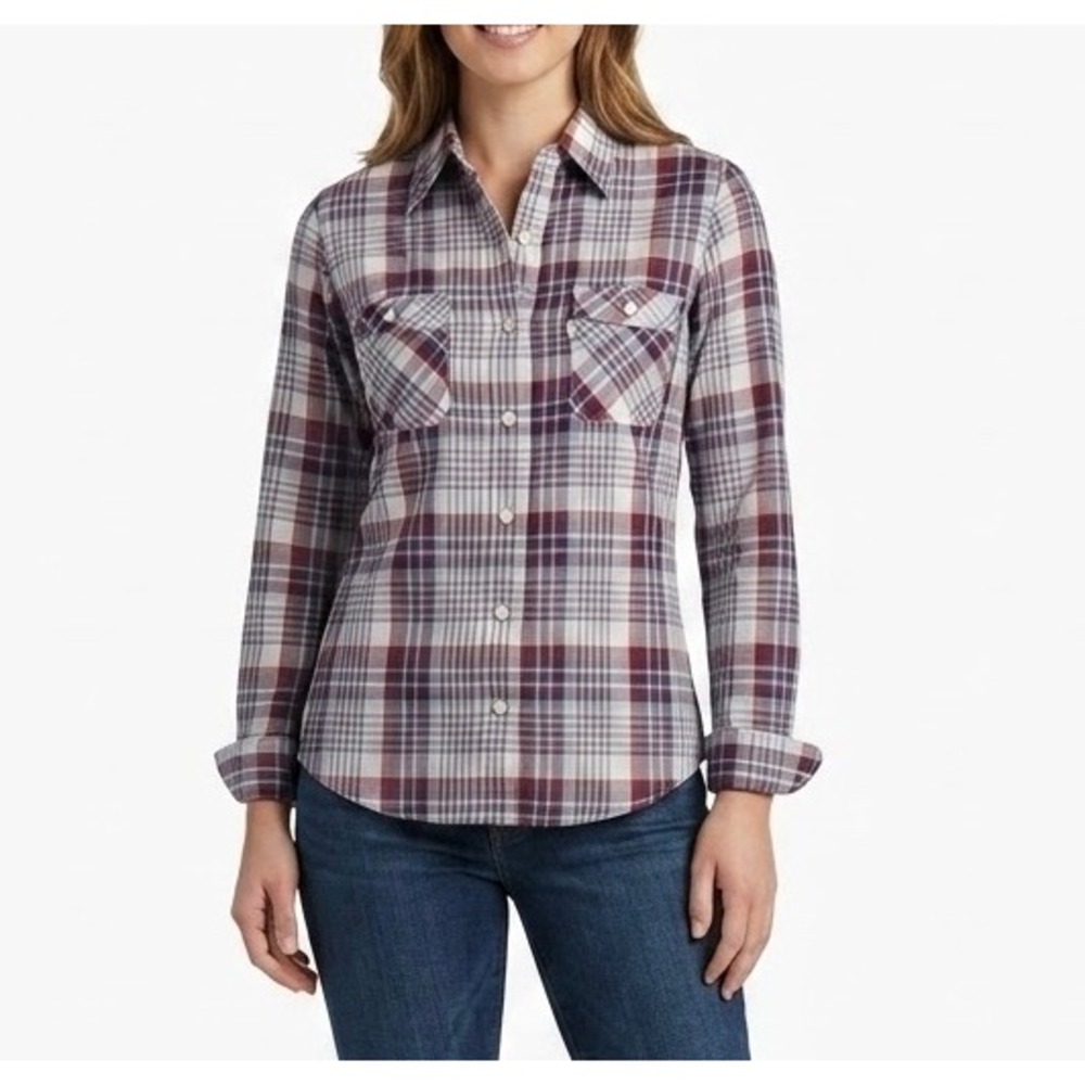 LEVI'S Women's Vintsge Movin On Plaid Button Down Red White Blue Shirt MEDIUM